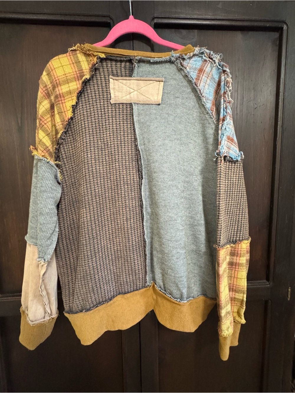 Oli & Hali Patchwork Plaid Pieced Mixed Texture Pullover Sweatshirt Yellow Multi - Picture 3 of 9